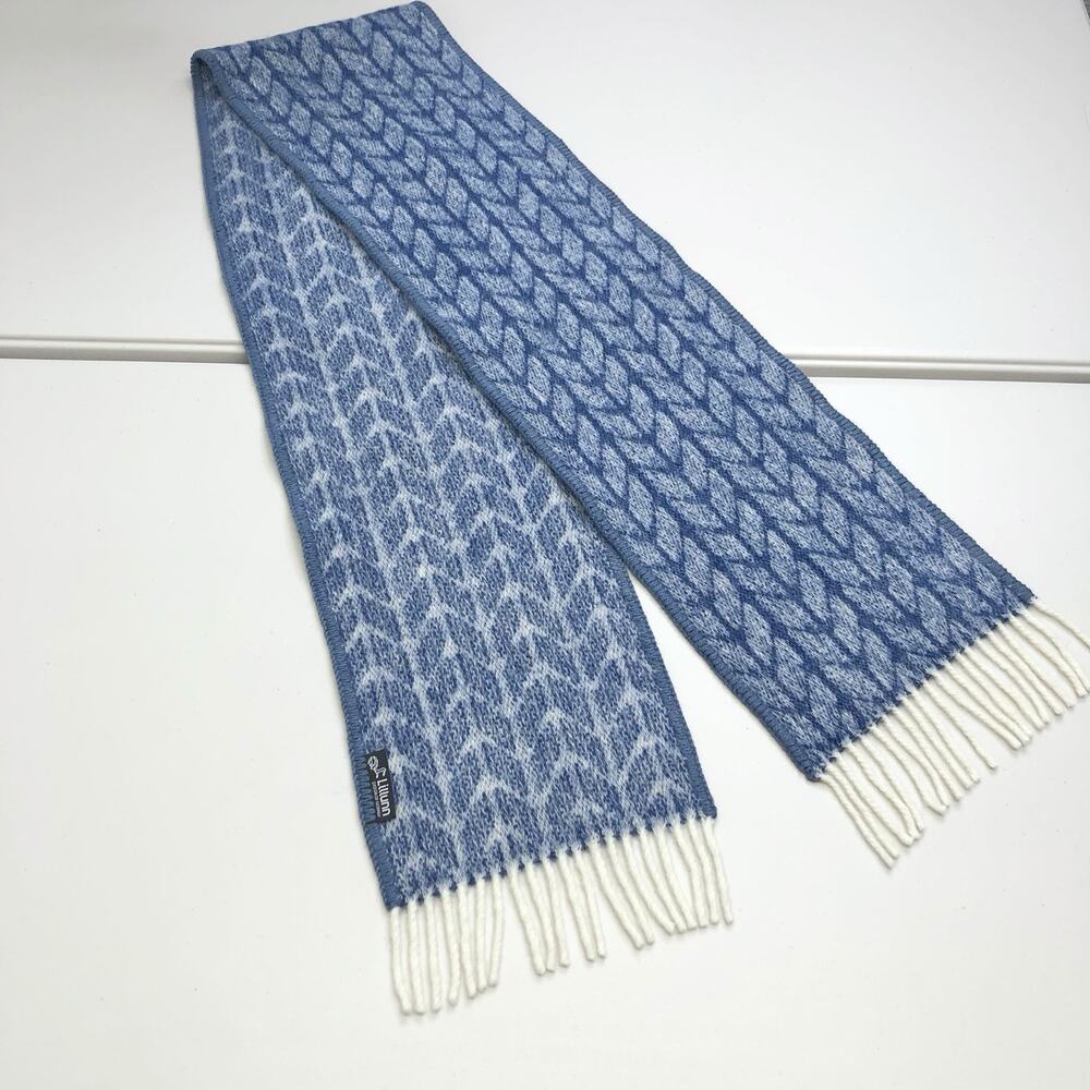 LILLUNN Norway 100% Pure New Wool Scarf Blue White Jacquard Fringe 70x9